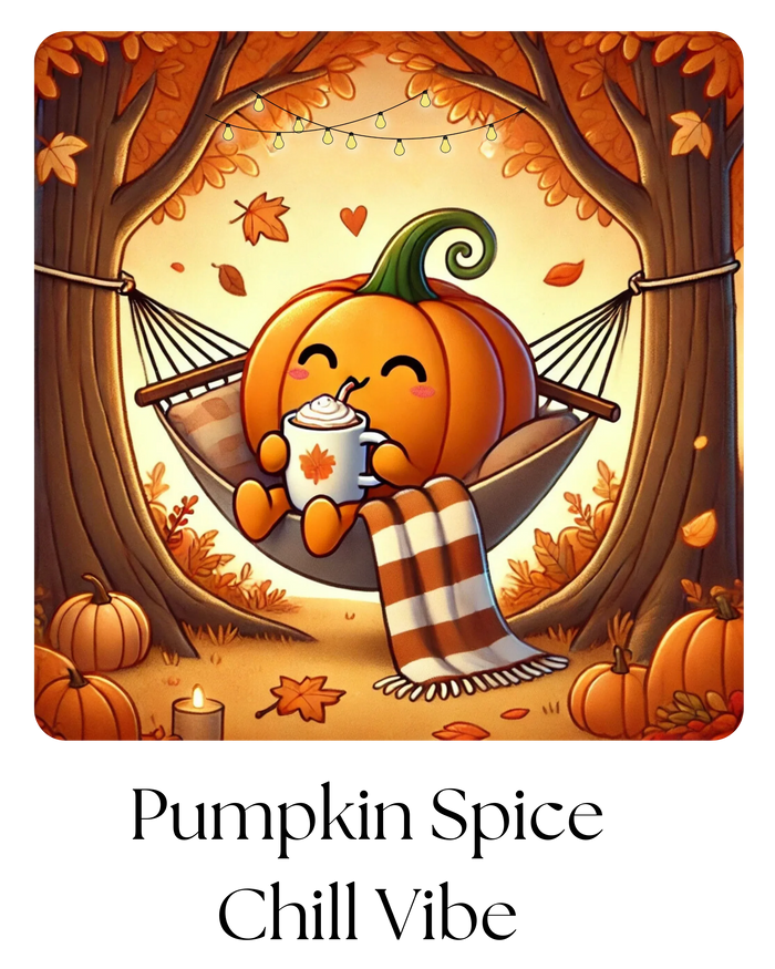 Cartoon pumpkin in a hammock with a cup of coffee, surrounded by autumn leaves and pumpkins, with text 'Pumpkin Spice Chill Vibe'.