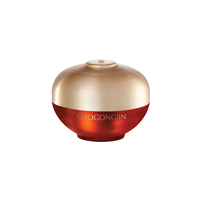 A jar of Chogongjin Sosaeng Jin Eye Cream with a gold upper half and red lower half, labeled in Korean.