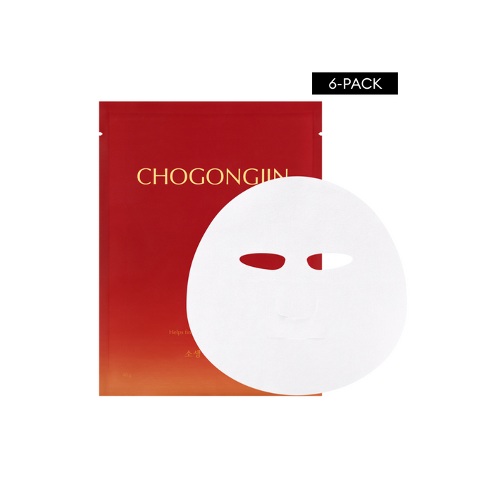 A packaged sheet mask product by CHOGONGJIN, showing a single white sheet mask in front of a red and gold box, indicating a 6-pack quantity.