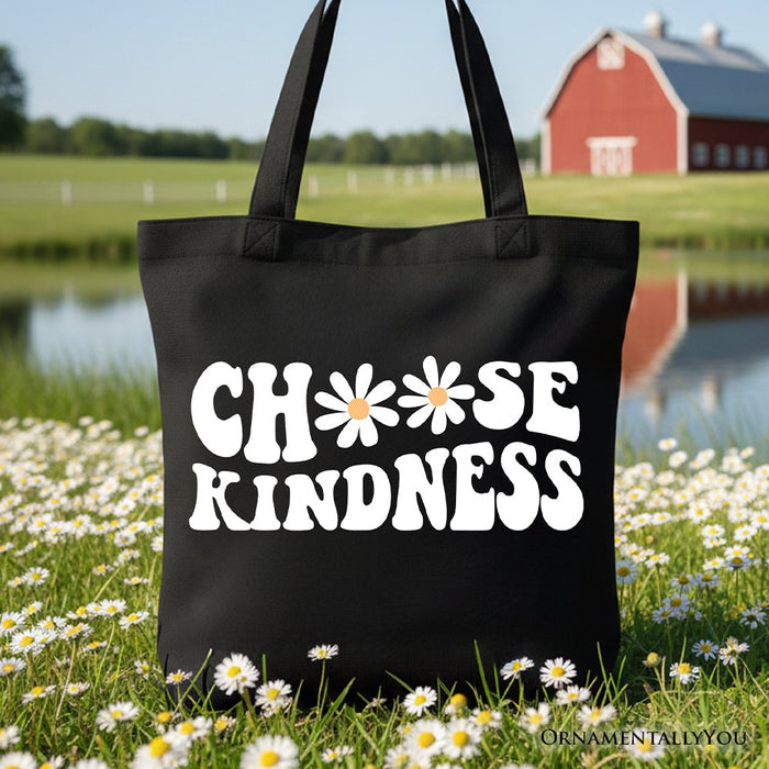 Choose Kindness Daisies Tote Bag, Retro Groovy Positive Quote Gift Shopper Tote Bag OrnamentallyYou Black