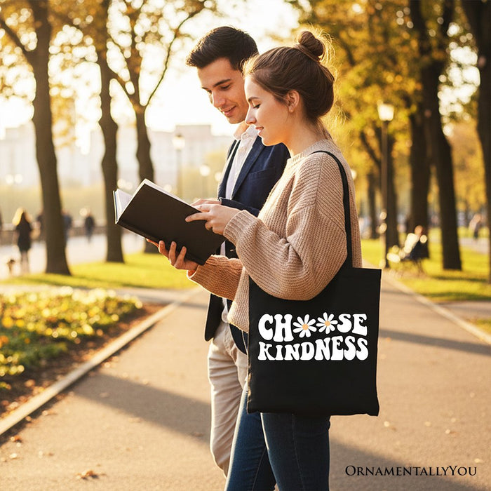 Choose Kindness Daisies Tote Bag, Retro Groovy Positive Quote Gift Shopper Tote Bag OrnamentallyYou
