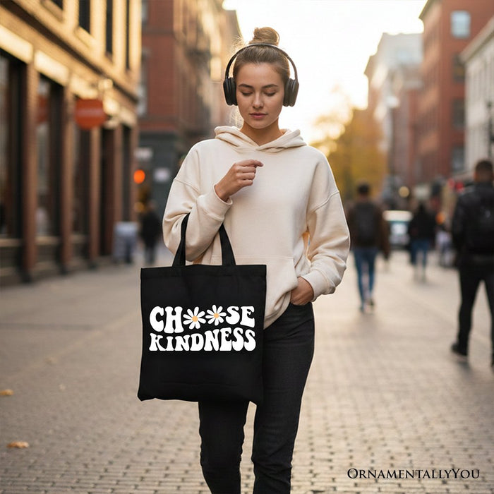 Choose Kindness Daisies Tote Bag, Retro Groovy Positive Quote Gift Shopper Tote Bag OrnamentallyYou