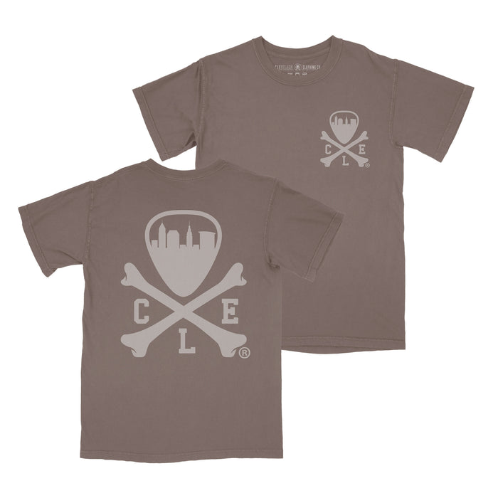 Brown t-shirt with white logo on a white background