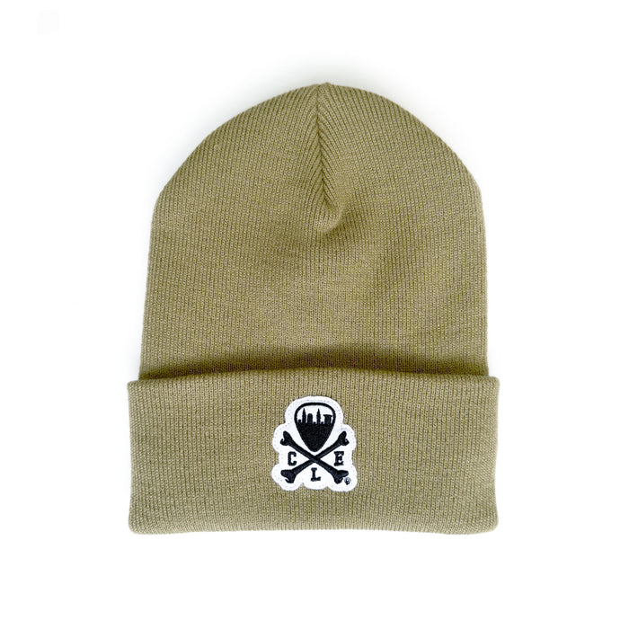 Khaki beanie with a logo on a white background