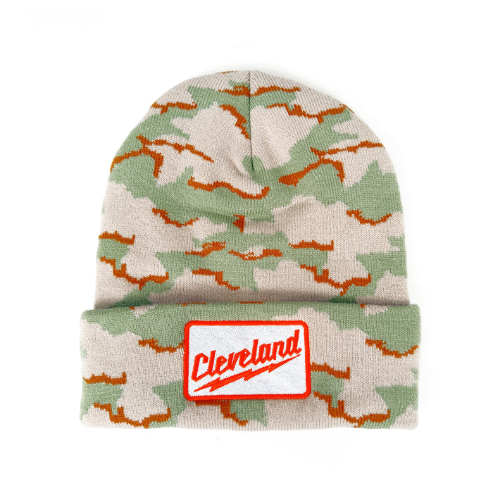 Camouflage beanie with 'Cleveland' logo on a white background