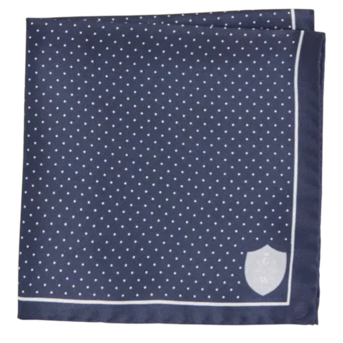 The CLIFTON WILSON - NAVY & WHITE POLKA DOT SILK POCKET SQUARE features Italian silk in navy blue, a white dot grid pattern, a crisp white border, and a "CGW" crest in one corner.