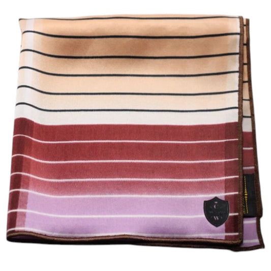 The CLIFTON WILSON - STRIPED SILK POCKET SQUARE features purple, peach, and red horizontal stripes with thin black lines and a small dark emblem in one corner, shown laid flat on a light background.