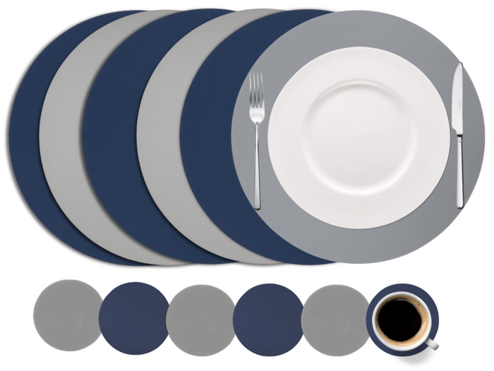 Cookinglife 6 Placemats + 6 Onderzetters - Dubbelzijdig - Rond - Vegan leer - Blauw / Grijs