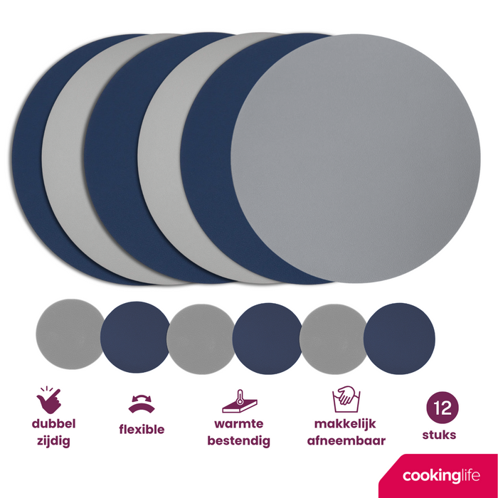 Cookinglife 6 Placemats + 6 Onderzetters - Dubbelzijdig - Rond - Vegan leer - Blauw / Grijs