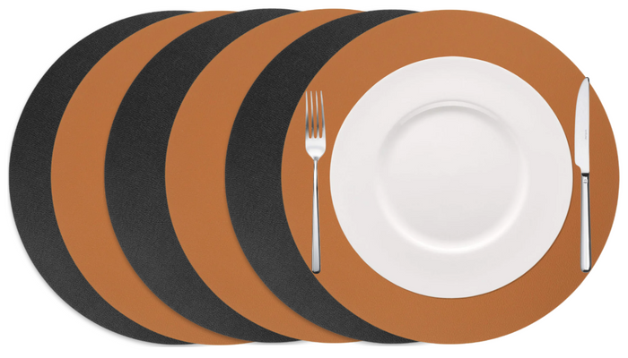 Cookinglife Placemats - Dubbelzijdig - Vegan leer - Cognac / Zwart ø 38 cm - 6 Stuks
