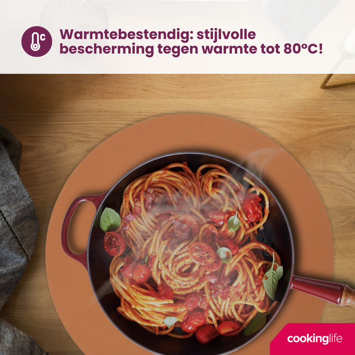 Cookinglife Placemats - Dubbelzijdig - Vegan leer - Cognac / Zwart ø 38 cm - 6 Stuks