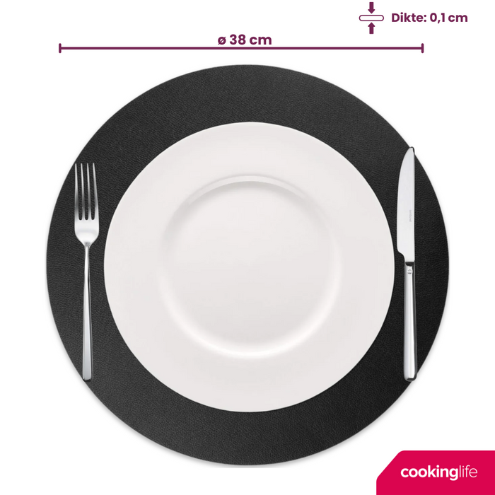 Cookinglife Placemats - Dubbelzijdig - Vegan leer - Cognac / Zwart ø 38 cm - 6 Stuks