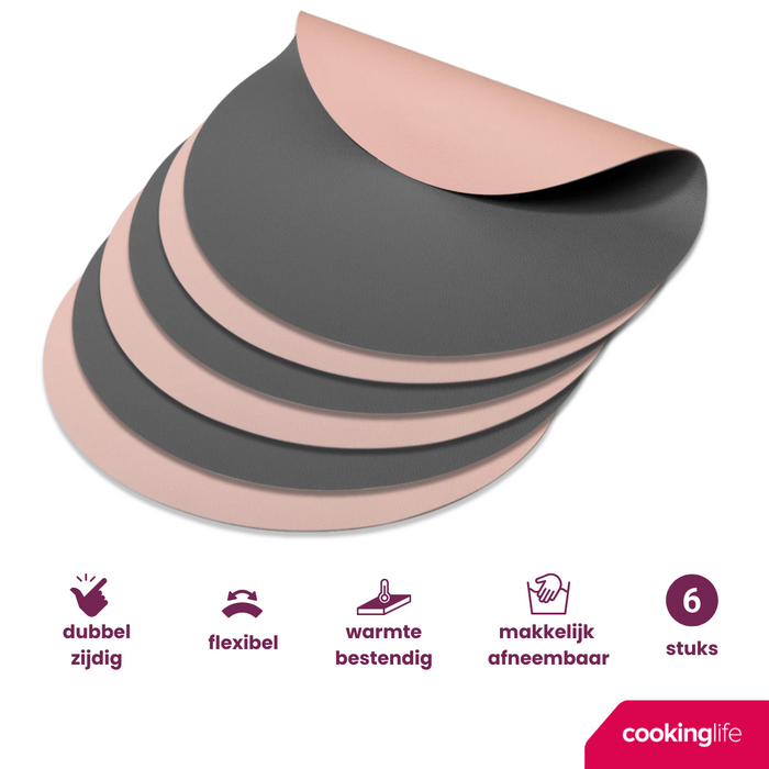 Cookinglife Placemats - Dubbelzijdig - Vegan leer - Grijs / Roze ø 38 cm - 6 Stuks