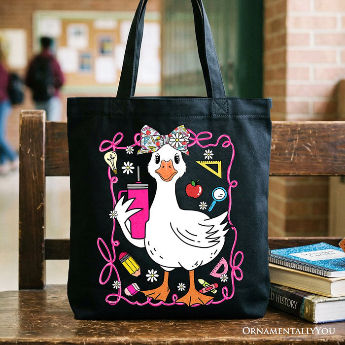 Coquette Teacher Goose Tote Bag, Funny Classroom Gift Shopper for Educators Tote Bag OrnamentallyYou Black