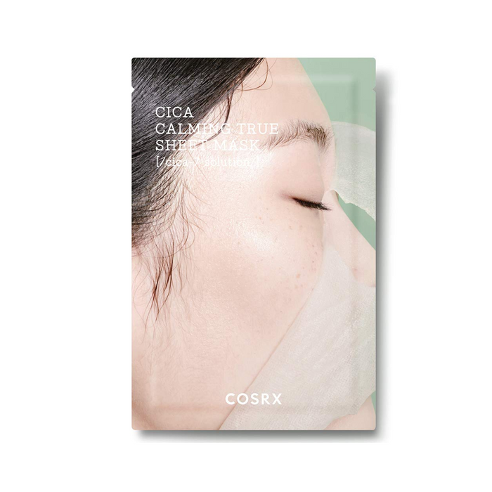 COSRX Pure Fit Cica Calming True Sheet Mask is designed to soothe and heal irritated skin. Infused with a high concentration of Centella Asiatica Extract and its potent derivatives—Asiaticoside, Asiatic Acid, and Madecassic Acid—this mask promotes skin recovery and reduces redness. Additional calming agents like Tea Tree Leaf Oil and Chamomile Extract further soothe the skin. Ideal for sensitive and troubled skin, this sheet mask offers deep hydration and comfort, leaving your skin feeling refre