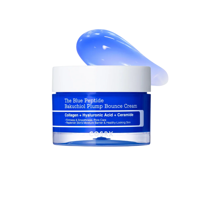 COSRX The Blue Peptide Bakuchiol Plump Bounce Cream is a firming moisturizer made to hydrate, plump, and improve the look of skin elasticity. Formulated with Copper Tripeptide-1, Peptides, Bakuchiol, Niacinamide, Squalane, Panthenol, Beta-Glucan, Hyaluronic Acid, Ceramide NP, Cholesterol, Hydrolyzed Collagen, and Adenosine, it helps smooth the look of fine lines, support firmness, and reduce the appearance of enlarged pores. The moisturizing formula helps strengthen the skin barrier and leaves s