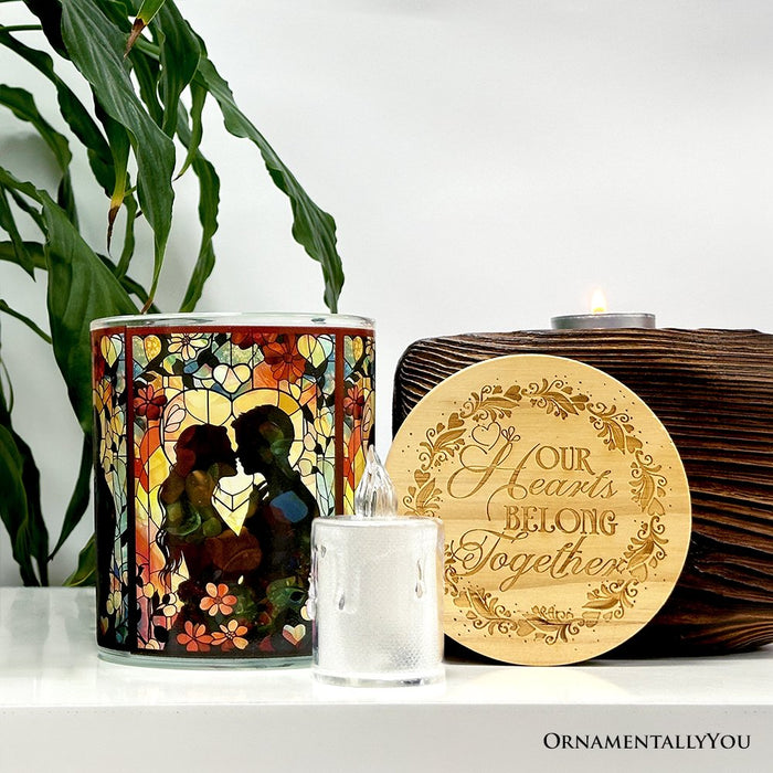 Couple in Love Faux Stained Glass LED Tea Light Candle, Heartfelt Romantic Decor With Soft Glow Candles OrnamentallyYou