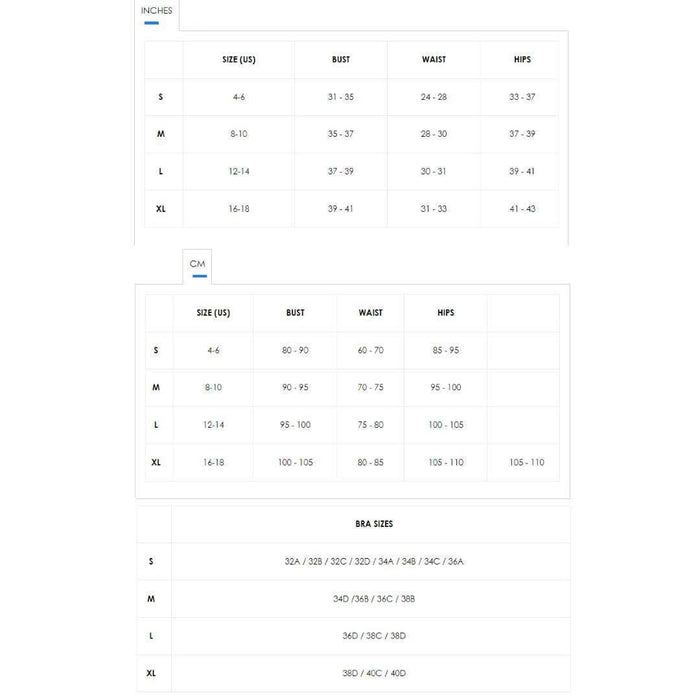 Size chart for DARE Bandage Bodysuit Women White including measurements in inches and centimeters.