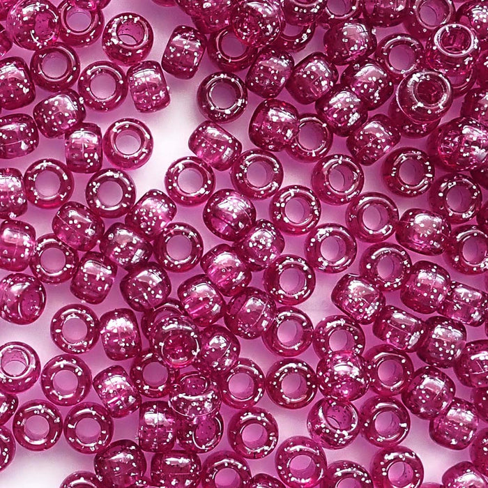 Dark Pink Glitter Plastic Pony Beads, 6x9mm, 500 beads
