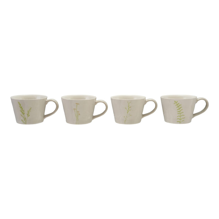 Four DEBOSSED STONEWARE MUGS WITH BOTANICAL PATTERN by CREATIVE COOP, featuring cream color, unique green botanical designs, and a subtle reactive glaze finish, are lined up side by side on a white background.