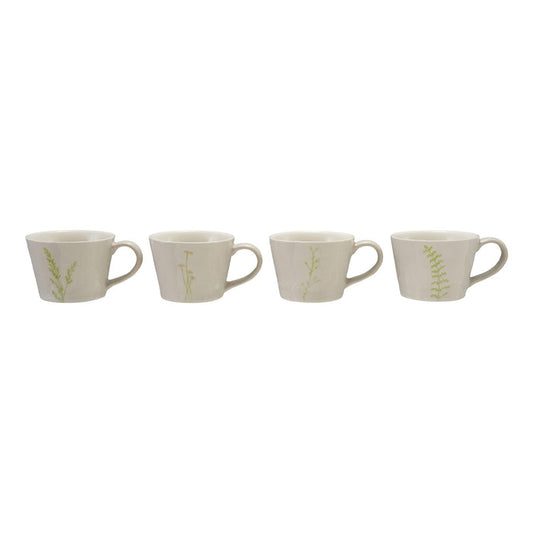 Four DEBOSSED STONEWARE MUGS WITH BOTANICAL PATTERN by CREATIVE COOP, featuring cream color, unique green botanical designs, and a subtle reactive glaze finish, are lined up side by side on a white background.