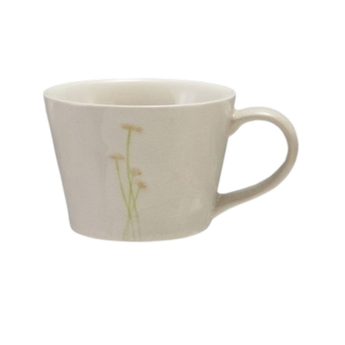 Four DEBOSSED STONEWARE MUGS WITH BOTANICAL PATTERN by CREATIVE COOP, featuring cream color, unique green botanical designs, and a subtle reactive glaze finish, are lined up side by side on a white background.