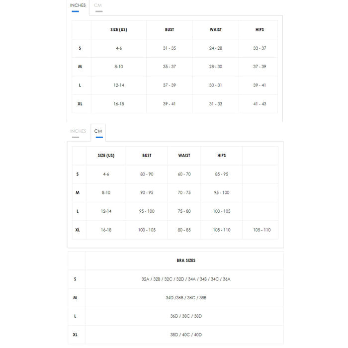 Size chart for DEMURE 2 Piece Satin White Lingerie Set including bust, waist, hip measurements and bra sizes.