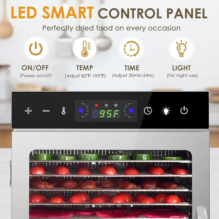 Food dehydrator with LED smart control panel displaying various settings and food items on shelves.