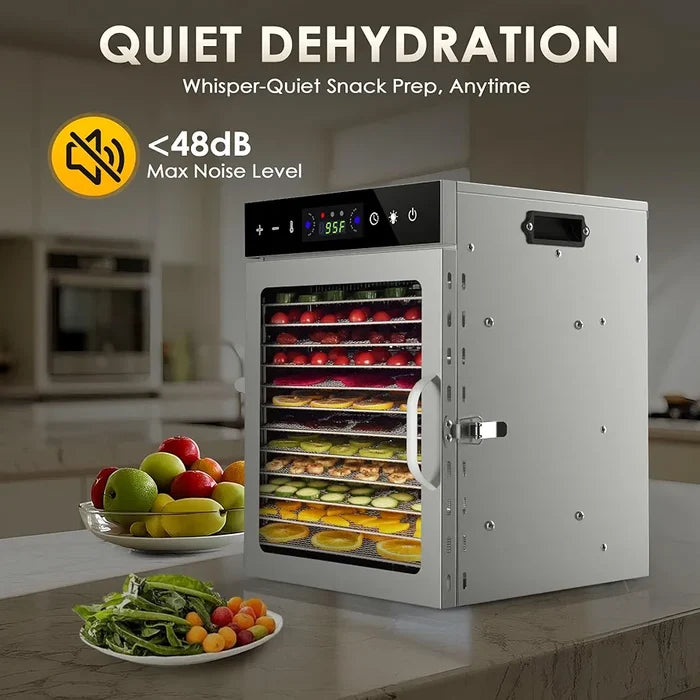 Dehydrator with fruits and vegetables on shelves in a kitchen setting, emphasizing quiet operation.