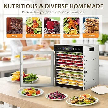 Dehydrator with various dehydrated foods on a kitchen counter, with text about nutritious and diverse homemade options.