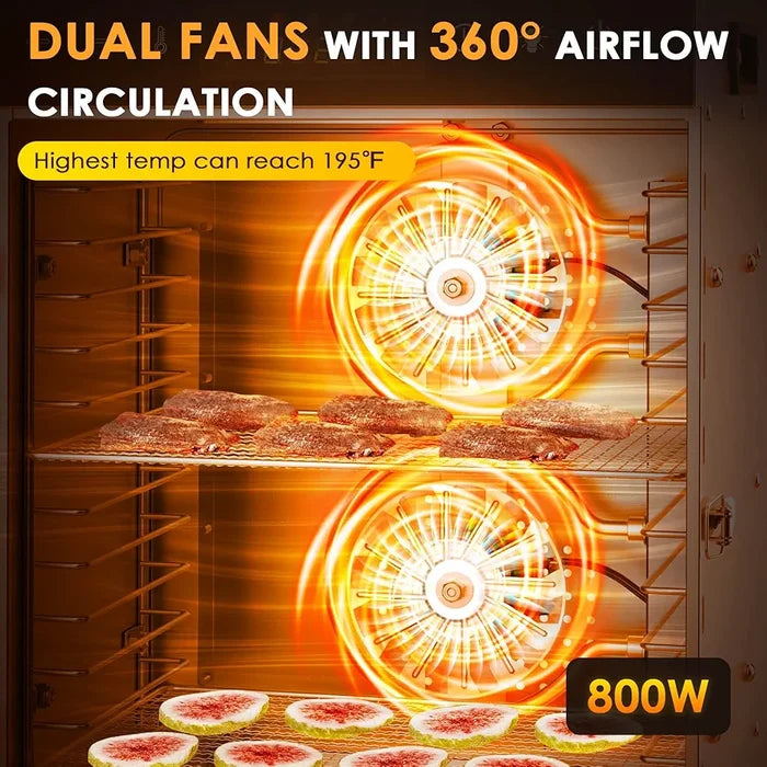 Oven with dual fans and 360-degree airflow, showing food being cooked.