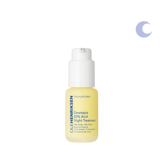 A 1oz bottle of Dewtopia 20% Acid Night Treatment on a white background. Upper right corner has an icon a blue moon.