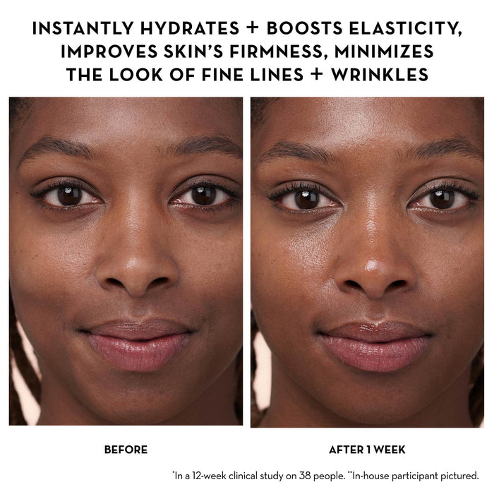Before and After image of results after 1 week of using Dewtopia 5% Acid Firming Night Crème, reading: Instantly hydrates + boosts elasticity, improves skin's firmness, and minimizes the look of fine lines + wrinkles (*In a 12-week clinical study on 38 people).