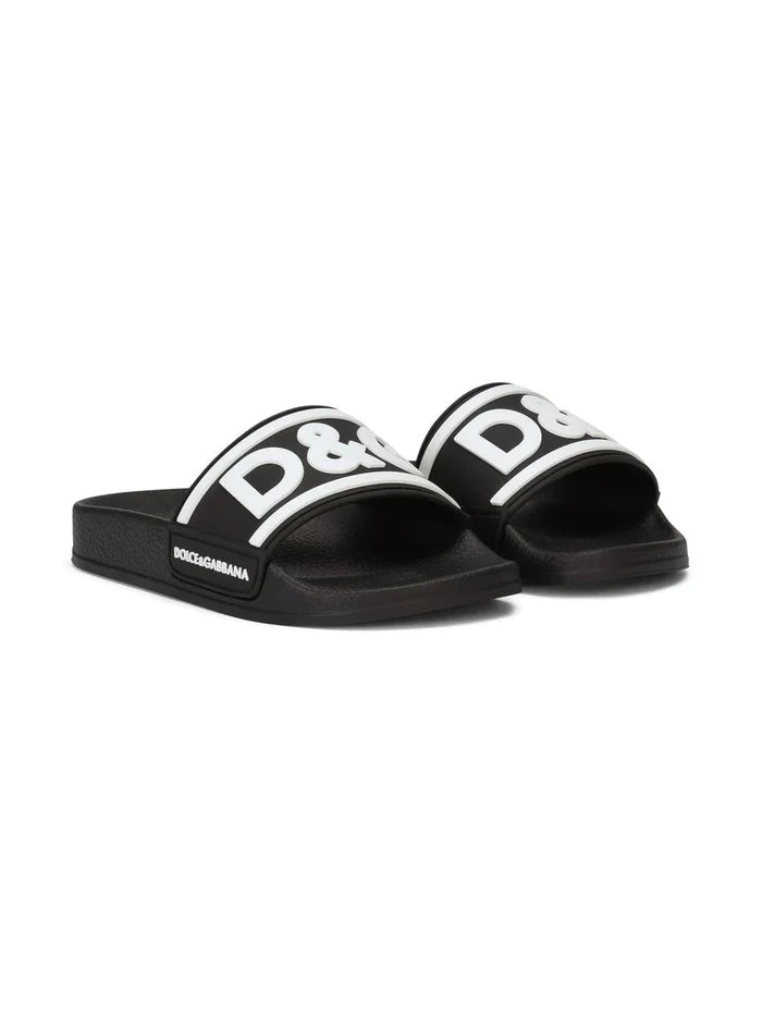 DOLCE & GABBANA KIDS 3D-logo Flat Slides Black - MAISONDEFASHION.COM