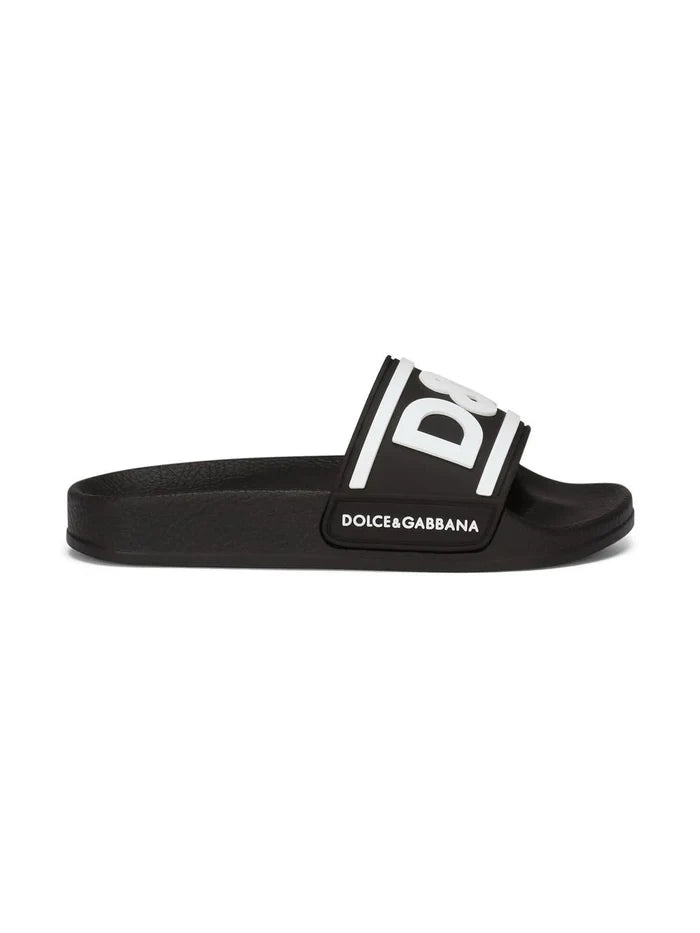DOLCE & GABBANA KIDS 3D-logo Flat Slides Black - MAISONDEFASHION.COM