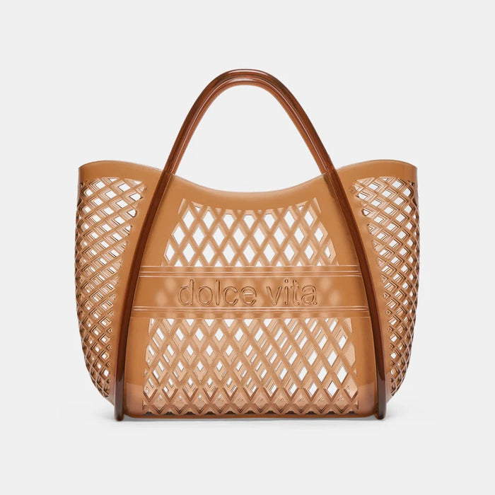The DOLCE VITA - TOP HANDLE WHISKEY JELLY HANDBAG features a brown lattice design, curved handles, and “dolce vita” embossed on the front—a stylish, see-through tote perfect for vacations.