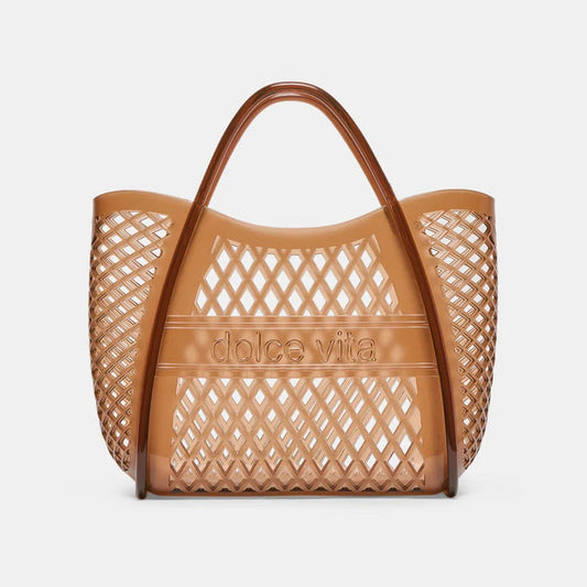The DOLCE VITA - TOP HANDLE WHISKEY JELLY HANDBAG features a brown lattice design, curved handles, and “dolce vita” embossed on the front—a stylish, see-through tote perfect for vacations.