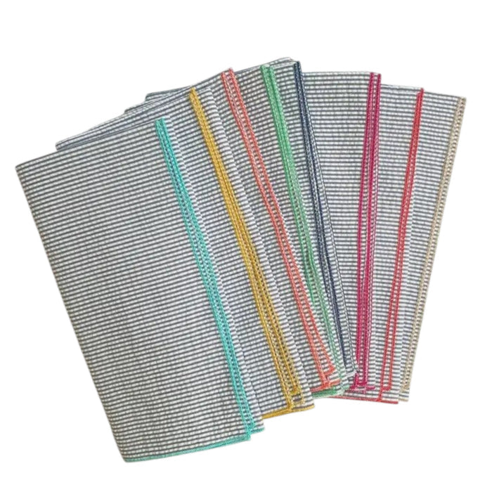 A set of DOT AND ARMY - GREY SEERSUCKER DINNER NAPKINS, each with colorful edging, is fanned out on a white background.