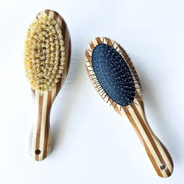 Two wooden hairbrushes with bristle heads on a white background