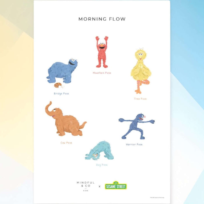 Double-sided Sesame Street Yoga Poses Print showing morning flow poses with Sesame Street characters.