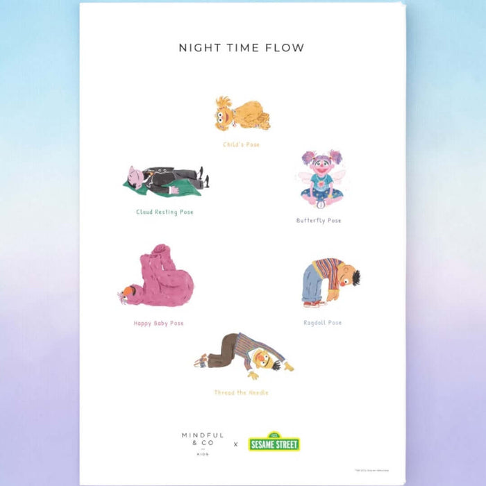 Double-sided Sesame Street Yoga Poses Print featuring Night Time Flow Yoga poses for children.