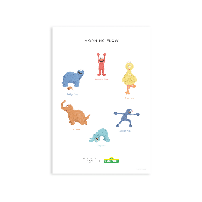 Double-sided Sesame Street Yoga Poses Print featuring Morning Flow yoga poses for kids.