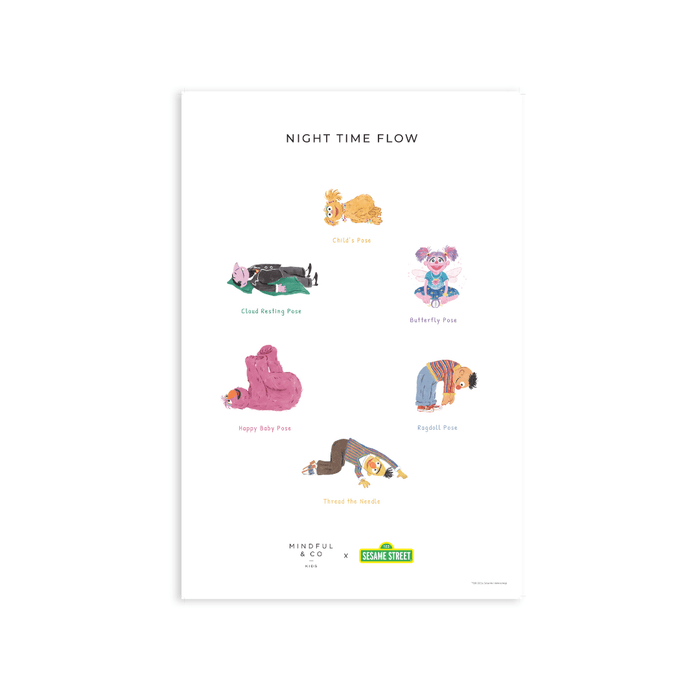Double-sided Sesame Street Yoga Poses Print featuring Night Time Flow poses like Child's Pose and Cloud Breathing Pose.
