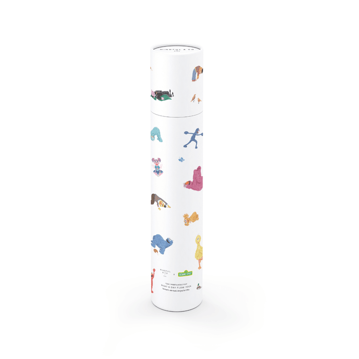 Double-sided Sesame Street Yoga Poses Print in a cylindrical packaging featuring colorful character illustrations.