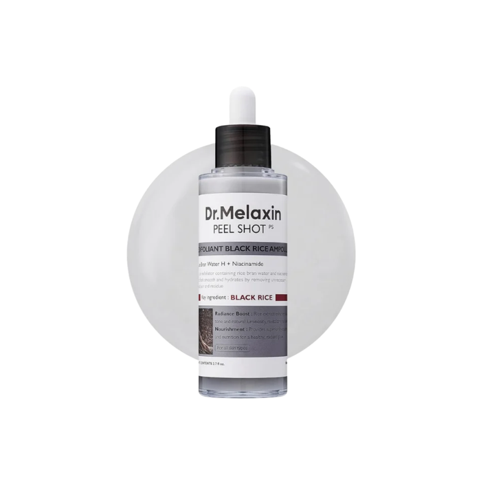 DR. MELAXIN Peel Shot Exfoliating Black Rice Ampoule is a brightening exfoliating ampoule made to smooth rough texture, remove dead skin buildup, and improve the look of dull, uneven skin. Formulated with Rice Bran Water, Rice Extract, Charcoal Powder, Niacinamide, Arbutin, Gluconolactone, Salicylic Acid, Squalane, Hyaluronic Acid, Hydrolyzed Hyaluronic Acid, and Sodium Hyaluronate, it helps refine clogged pores while keeping skin hydrated and comfortable. This ampoule is best suited for dull, r