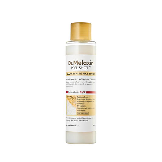 DR. MELAXIN Peel Shot Glow White Rice Toner is a milky brightening toner made to hydrate, nourish, and improve the look of dull skin. Formulated with Rice Bran Water, Rice Extract, Rice Amino Acids, Niacinamide, Panthenol, Galactomyces Ferment Filtrate, Hyaluronic Acid, Sodium Hyaluronate, and Ceramide-supporting ingredients, it helps replenish moisture while supporting a smoother, brighter-looking complexion. The lightweight milky texture absorbs comfortably without a sticky finish, leaving ski