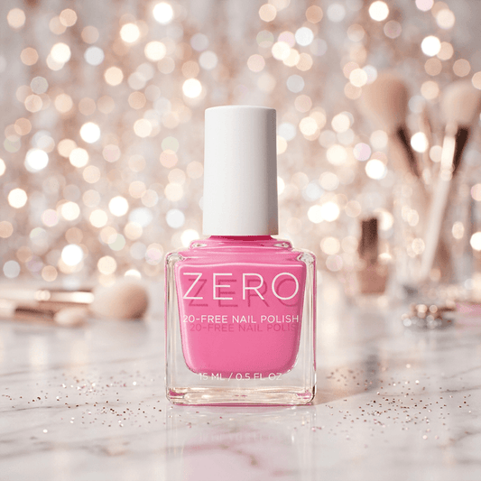 Pink nail polish bottle labeled 'ZERO' on a blurred glittery background