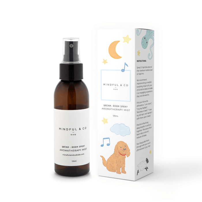 Dream Aromatherapy Spray by Mindful and Co Kids in a spray bottle with packaging for restful sleep.