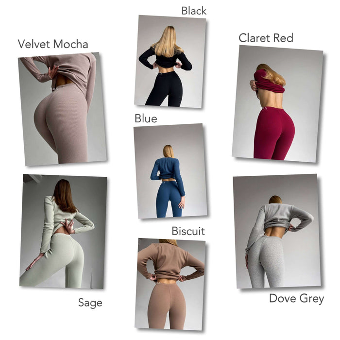 EASE 2 Piece Ribbed Cotton Loungewear Set - Biscuit displayed in various colors including Black, Claret Red, Blue, Sage, Dove Grey, and Velvet Mocha.