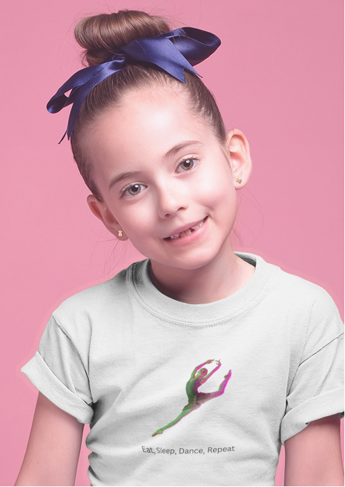 Young girl sitting on a purple box against a pink background